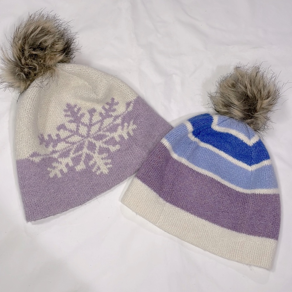 Crochet knitted faux fur poof stocking cap pastel purple light blue ivory 2 hats